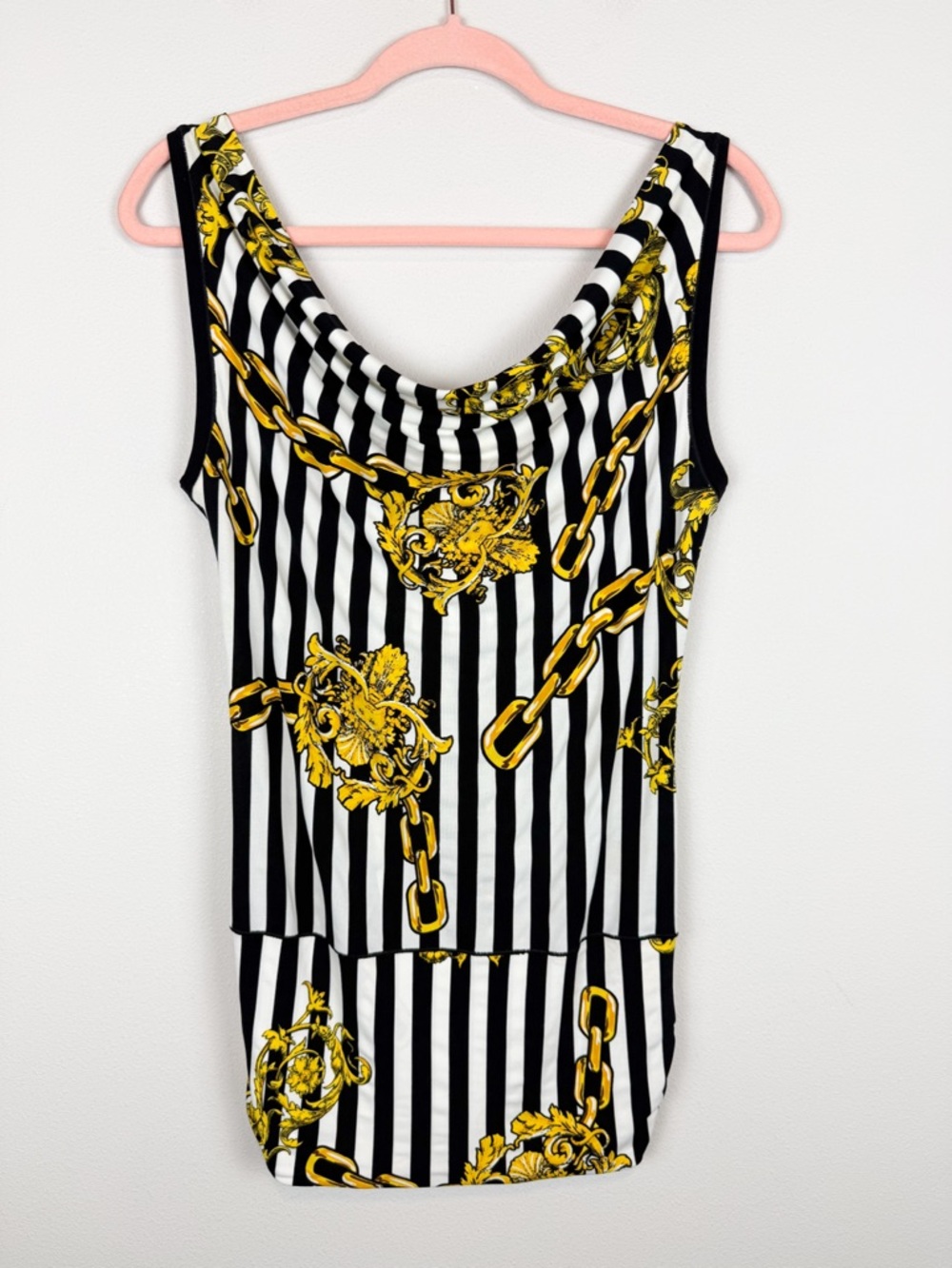 Eva Varro Black White Stripe Chain Pattern Cowl Neck Tank Top Size Small